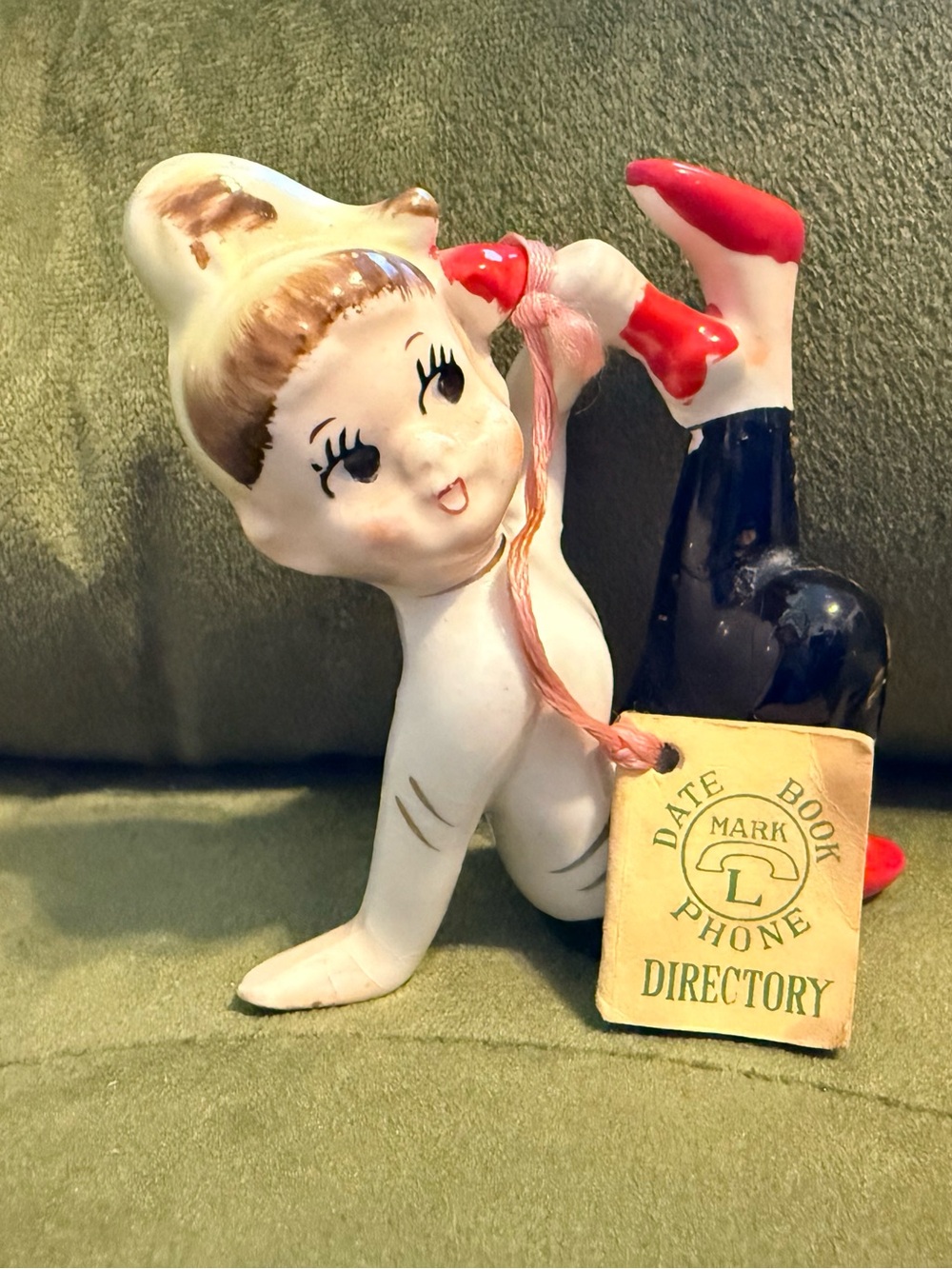 EUC! Vintage MCM Ceramic Girl on Phone Figurine w/Date Book Hand-Painted